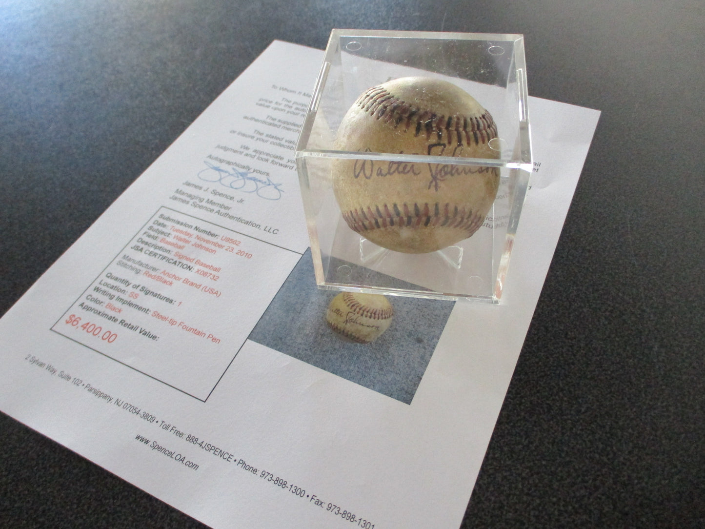 Walter Johnson Signed Baseball 1920's Red & Black Stitched Baseball PSA