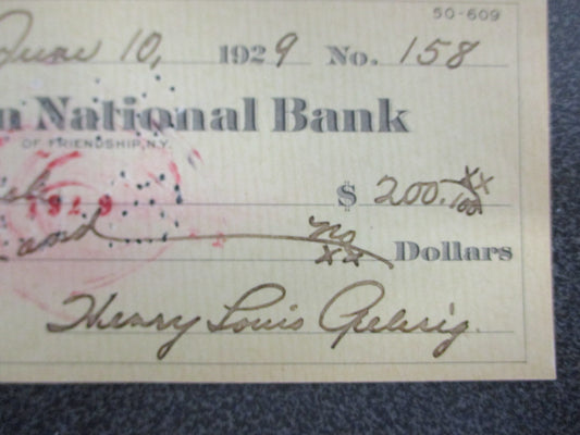 Lou Gehrig Double Signed Cancelled Personal Check #158