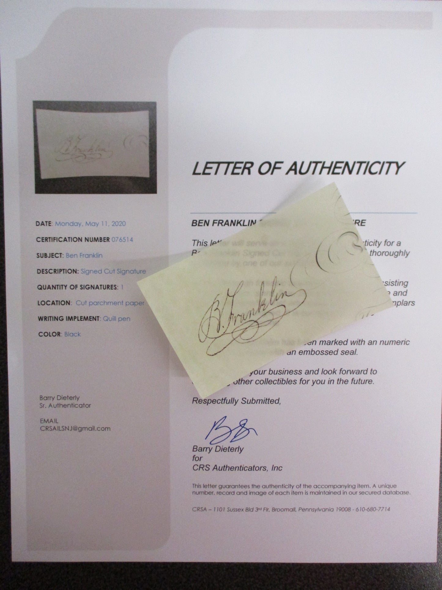 John Hancock Signed Cut Signature w/ COA