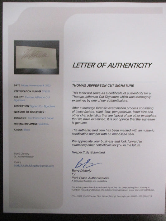 Thomas Jefferson Signed Cut Signature