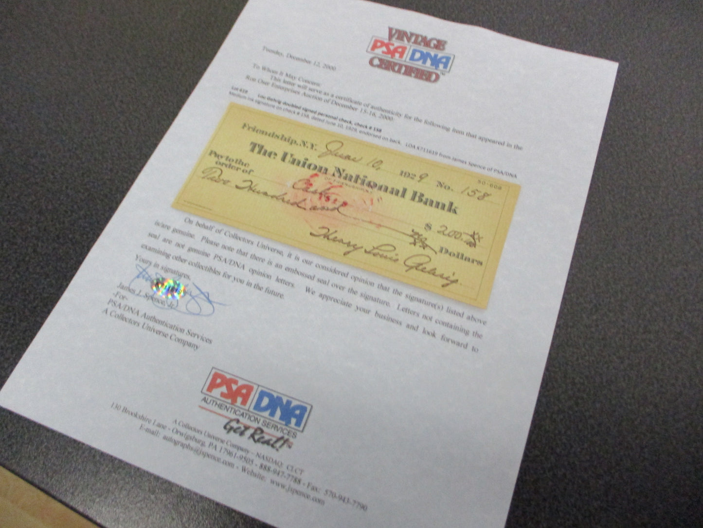 Lou Gehrig Double Signed Cancelled Personal Check #158