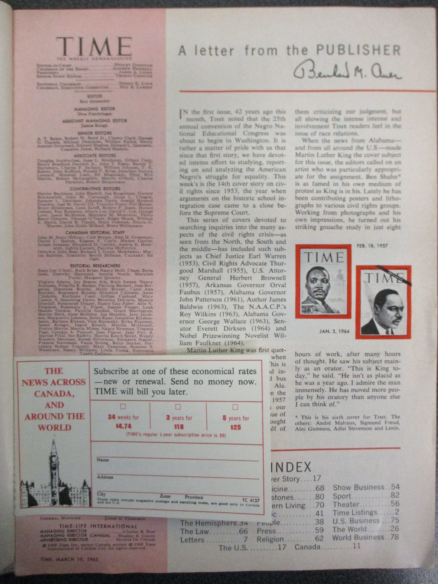 Martin Luther King Jr Signed Time Magazine Cover March 19. 1965 w/COA