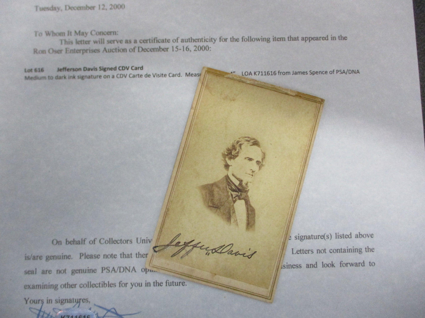 Jefferson Davis Signed CDV Card (Carte de Visite) w/ COA