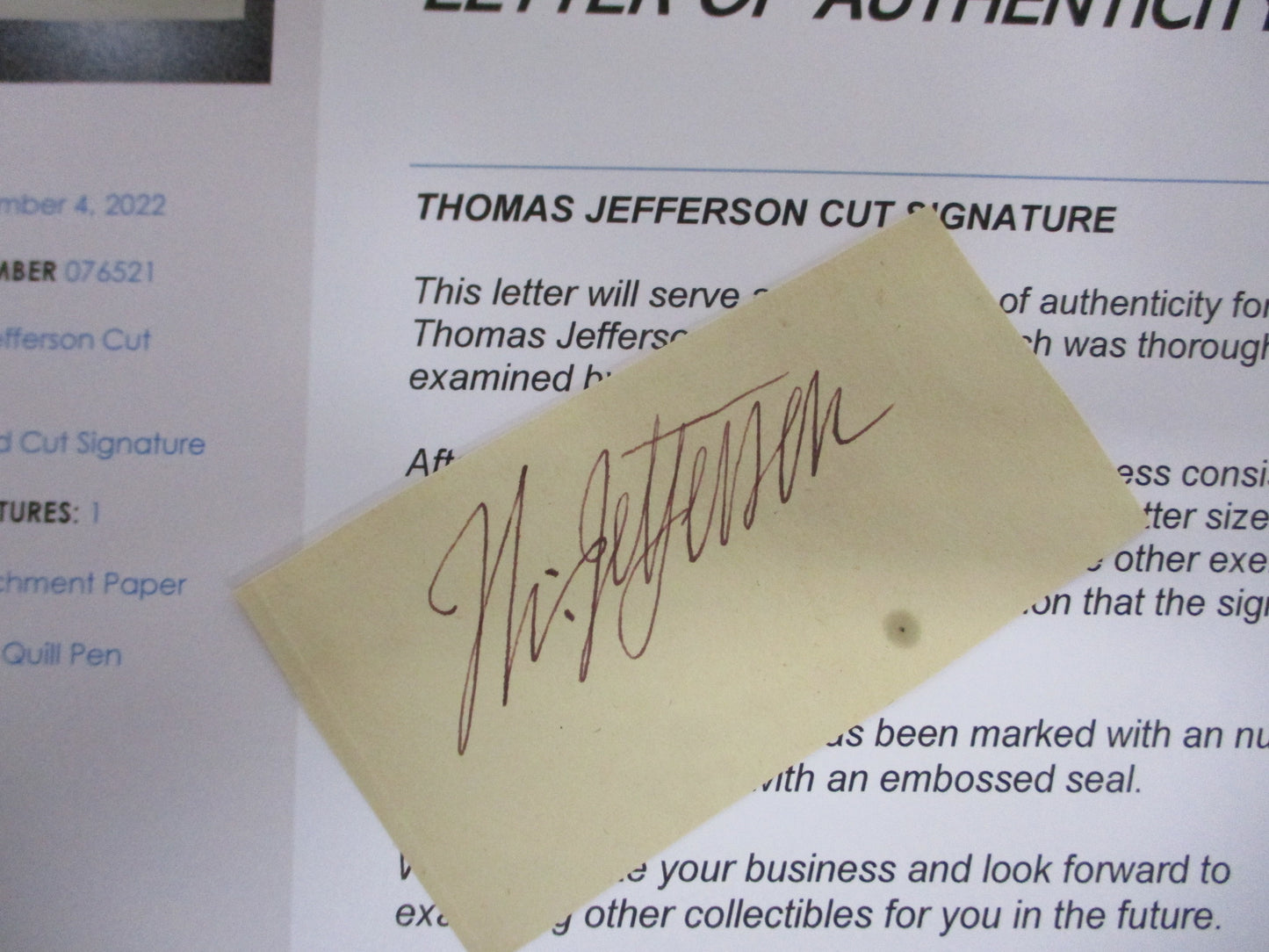 Thomas Jefferson Signed Cut Signature