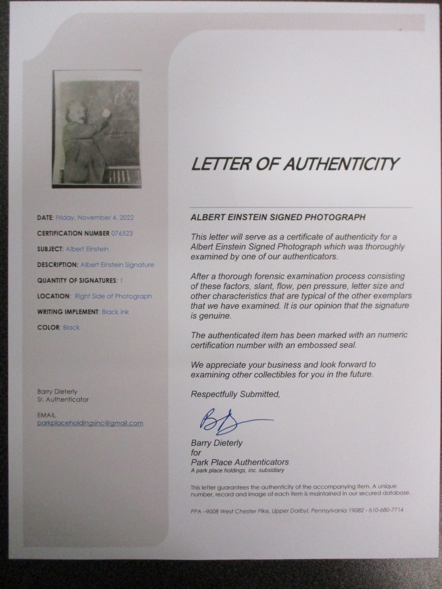 Albert Einstein Signed Photograph