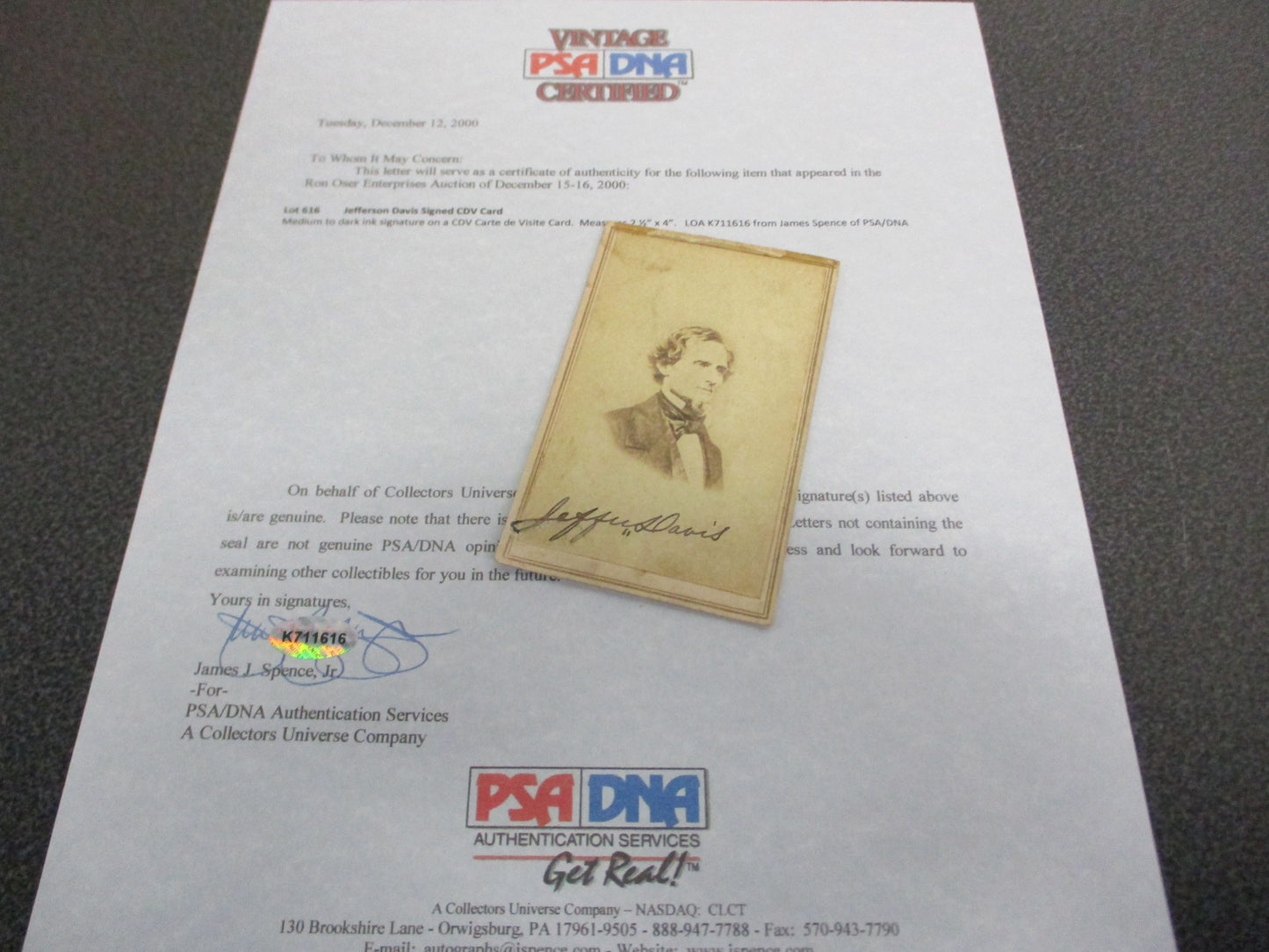Jefferson Davis Signed CDV Card (Carte de Visite) w/ COA