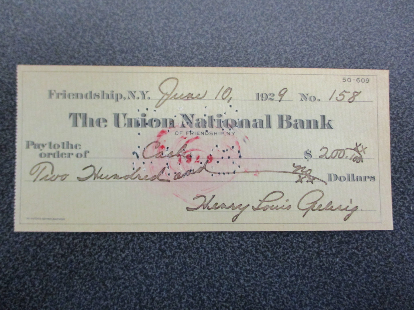 Lou Gehrig Double Signed Genuine Personal Check, Check #158 w/ COA