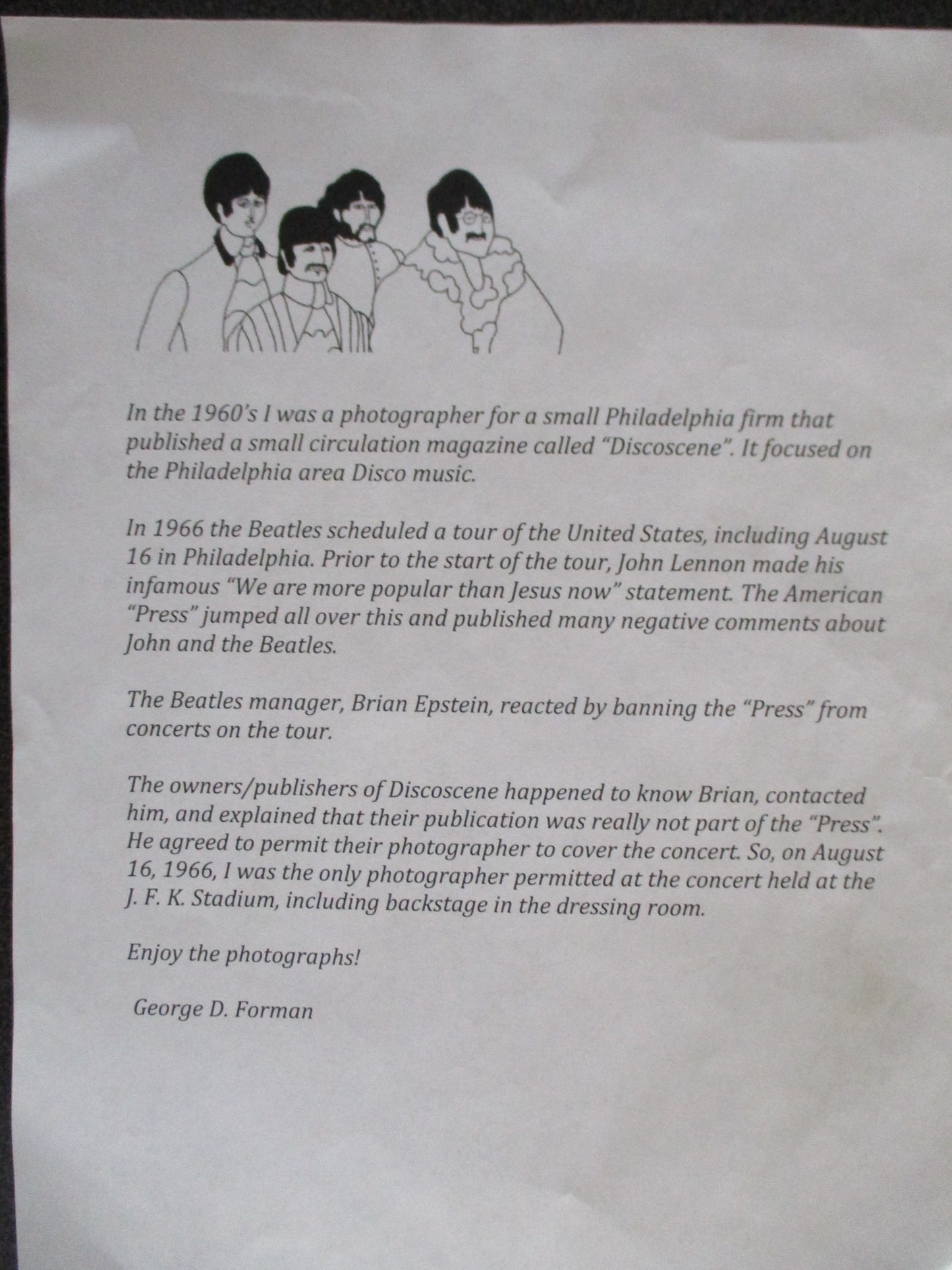 Set of 6 Original Beatles Photos from August 16, 1966 Philadelphia Concert