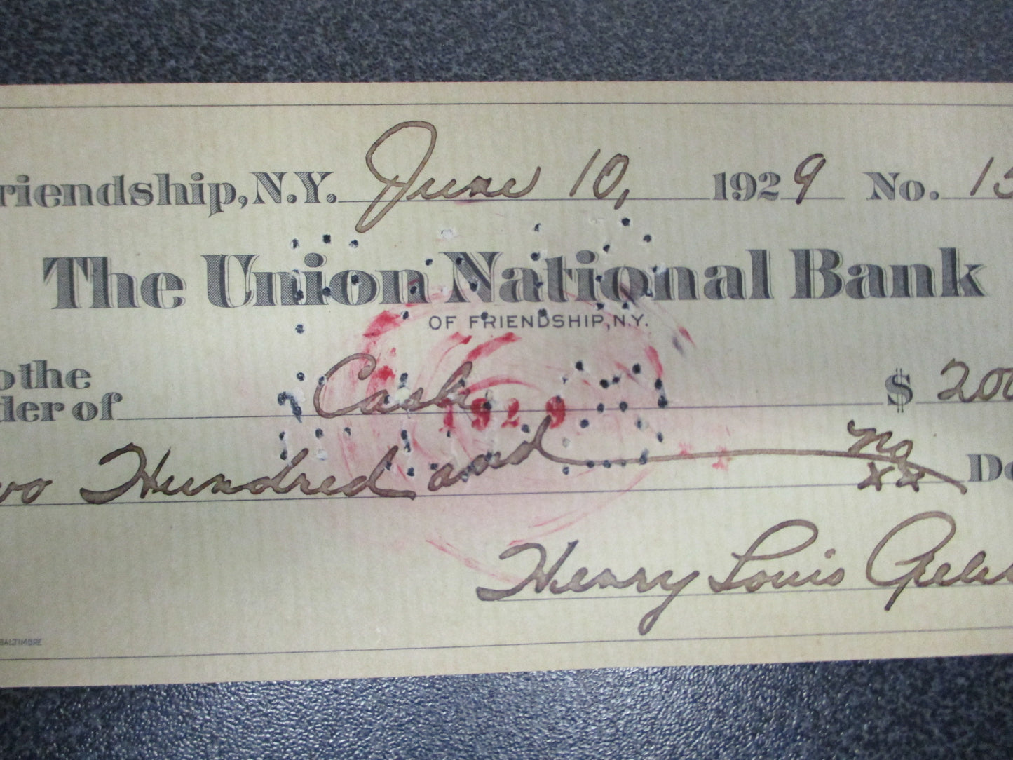 Lou Gehrig Double Signed Genuine Personal Check, Check #158 w/ COA