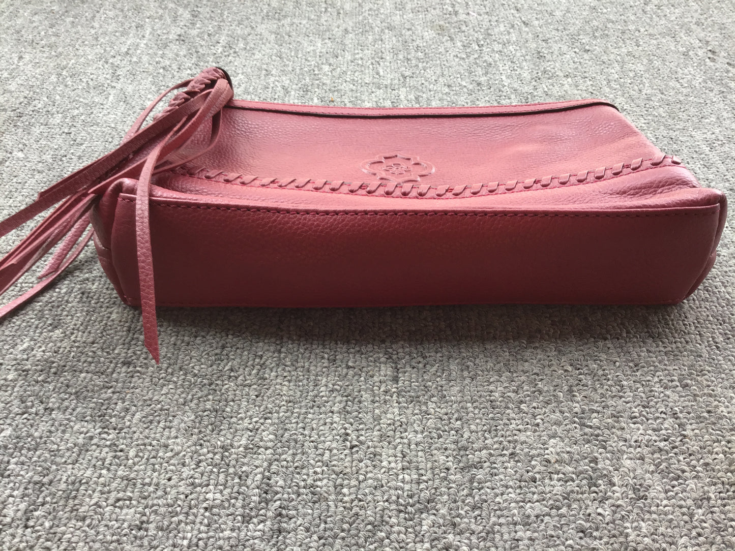 orYany Burgundy Leather Zippered Clutch w/Tassels