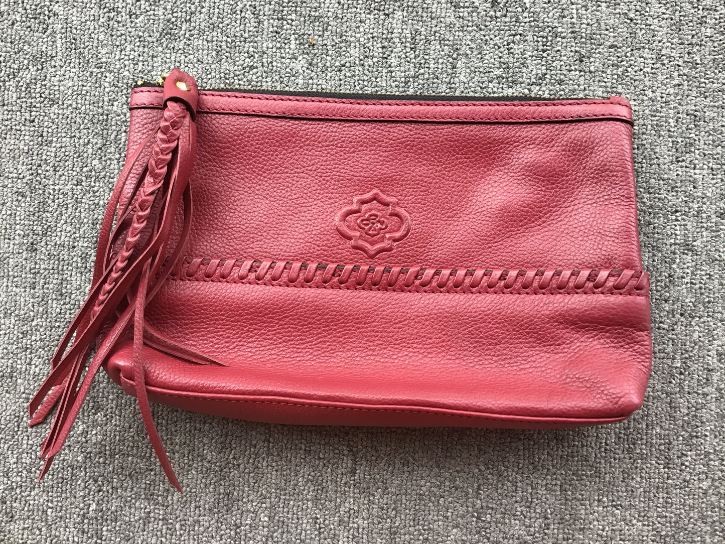 orYany Burgundy Leather Zippered Clutch w/Tassels