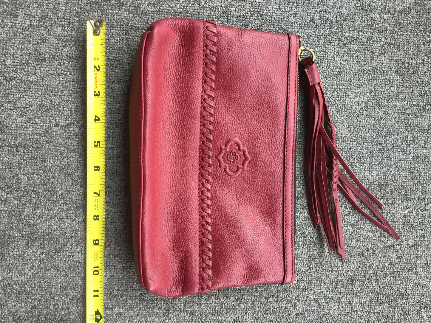 orYany Burgundy Leather Zippered Clutch w/Tassels