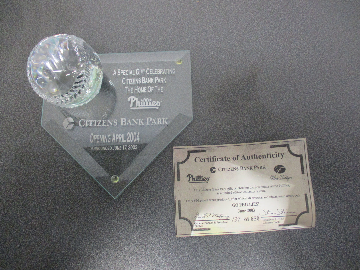 Philadelphia Phillies Opening Day 2004 Glass Home Plate W/Ball