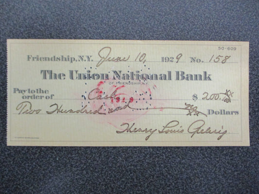 Lou Gehrig Double Signed Cancelled Personal Check #158