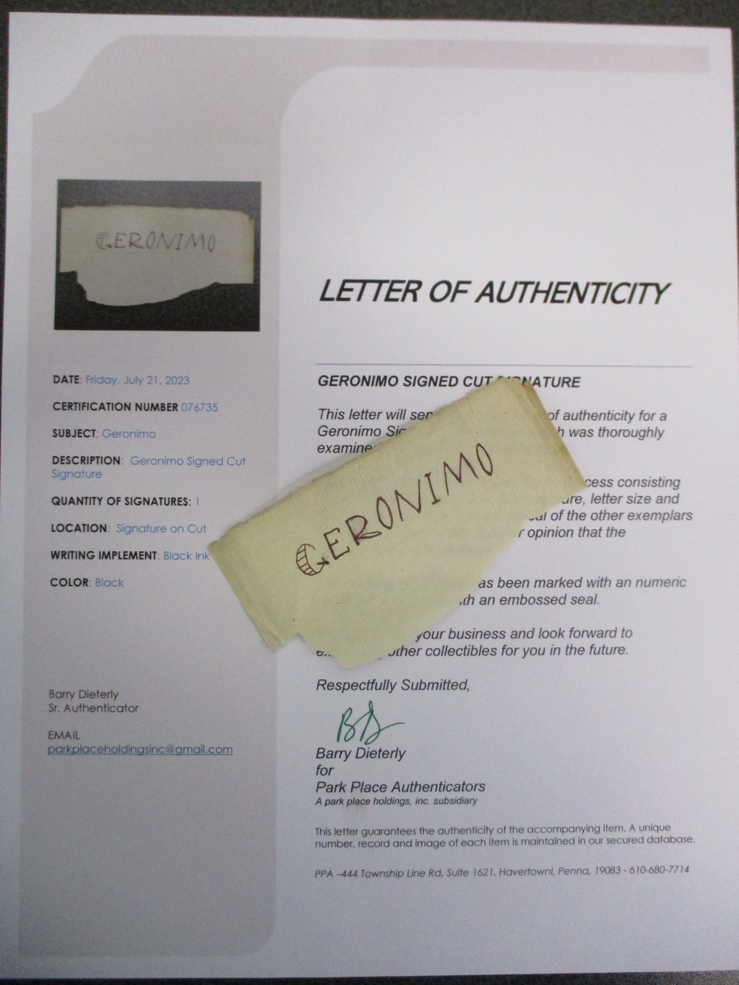 Geronimo's Legacy: Authentic Signed Cut Signature with Certificate of Authenticity (COA)