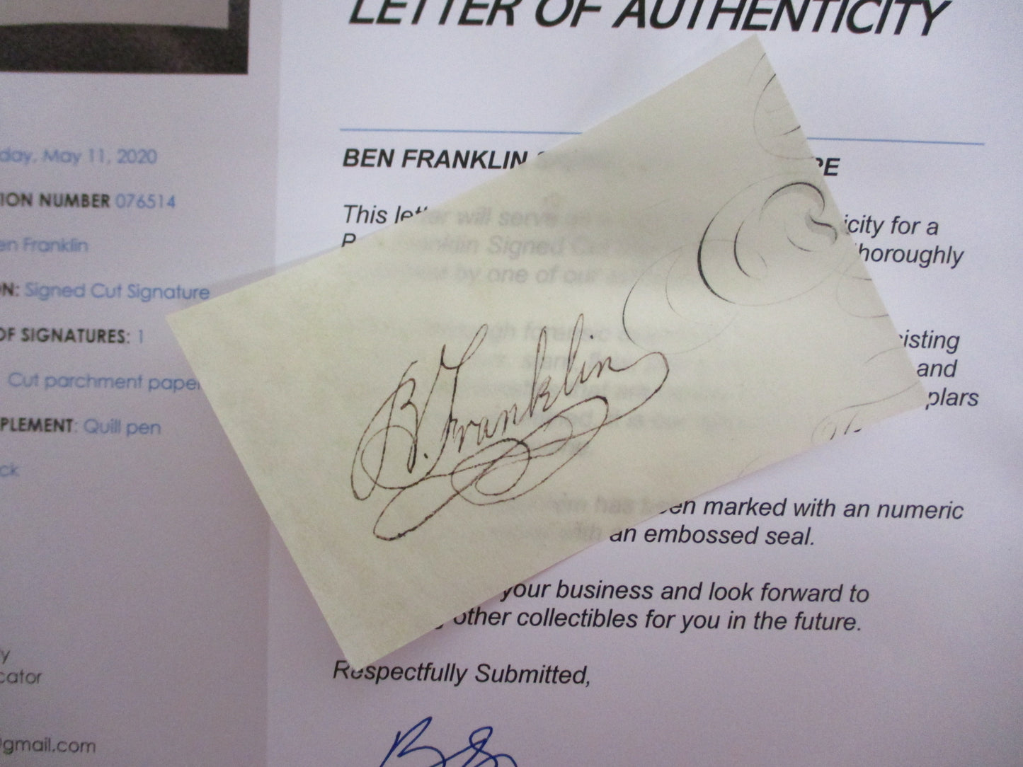 Ben Franklin Cut Signature w/ COA