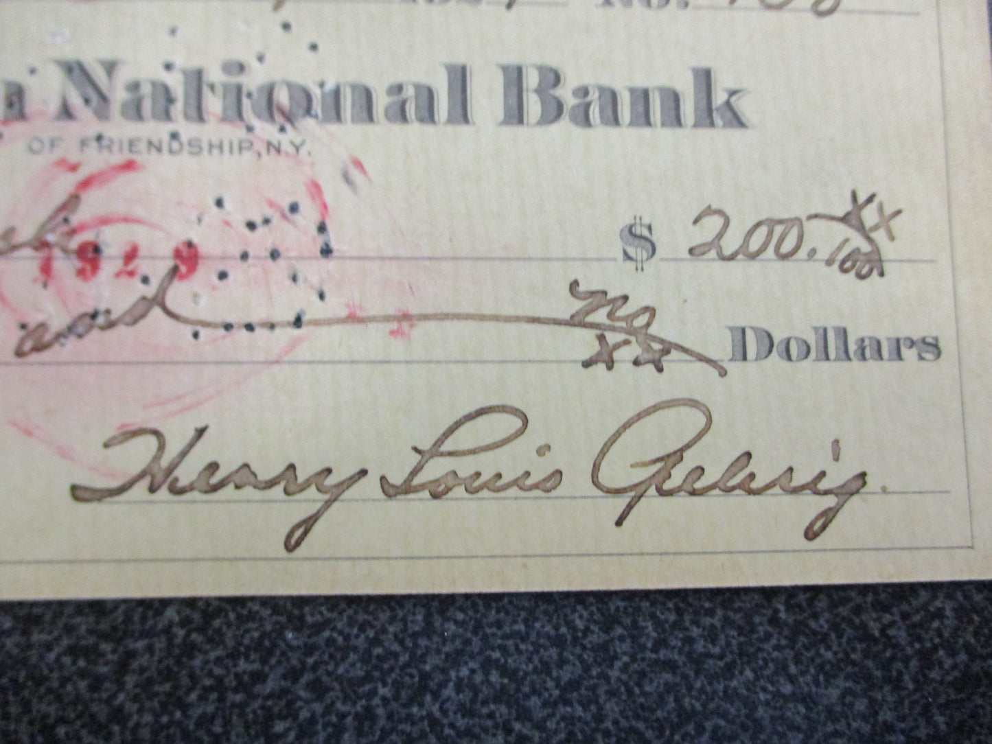 Lou Gehrig Double Signed Genuine Personal Check, Check #158 w/ COA